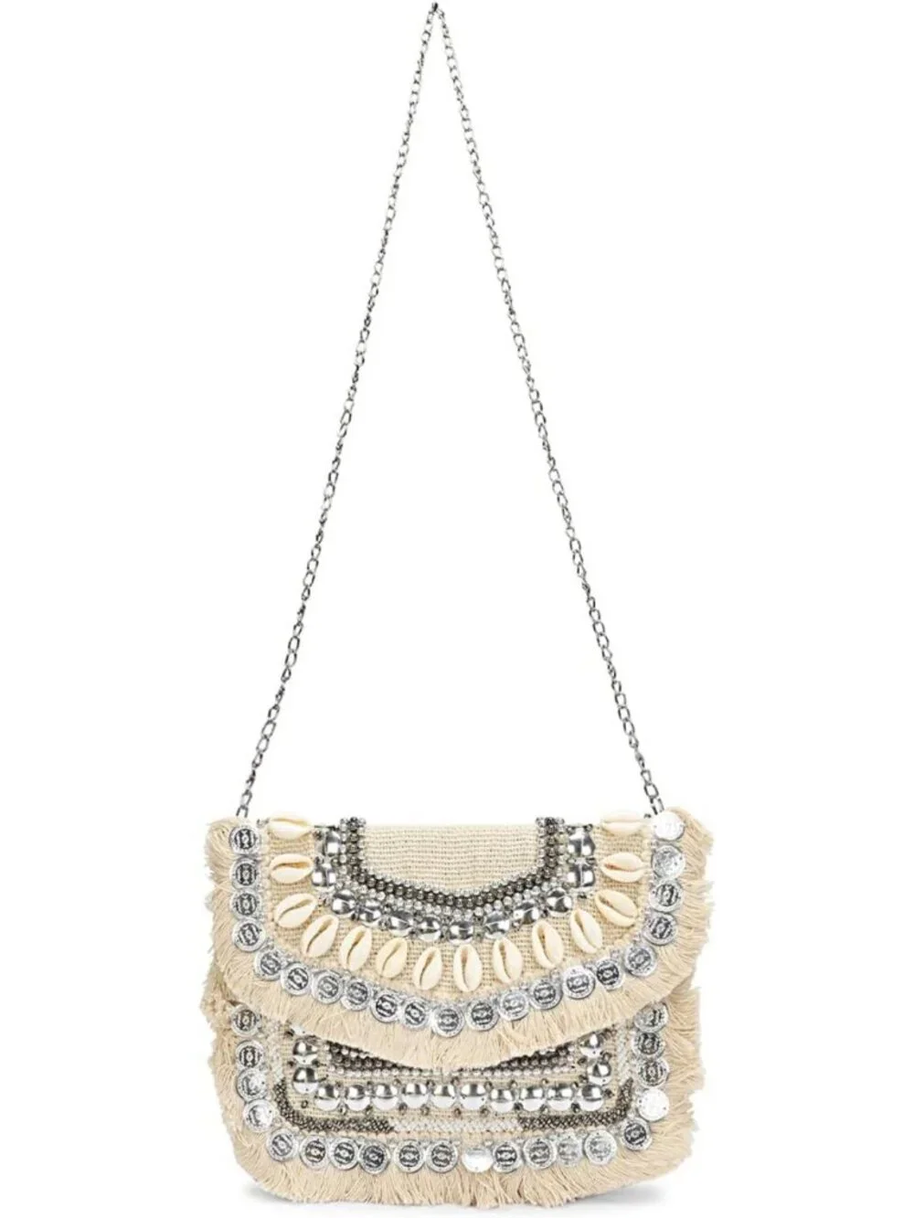 Chic Woven Clutch with Shell & Coin Details, Stylish Chain Strap Crossbody Bag